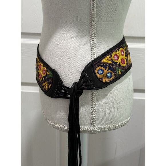 STREETS AHEAD Black Leather Colorful Discs SMALL Gypsy Hippie Boho Tie Belt NEW main image 9